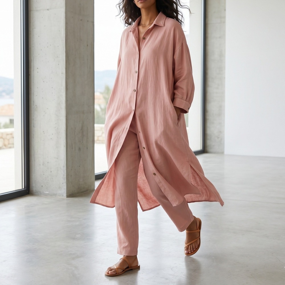 Linen Life Oversized Linen Cotton Button Down Shirt Dress‎ Dusty Pink One Size